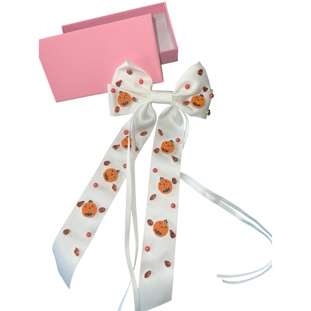 Handmade Halloween Pumpkin Beaded Satin Hair Bow White Long Streamer Barrette